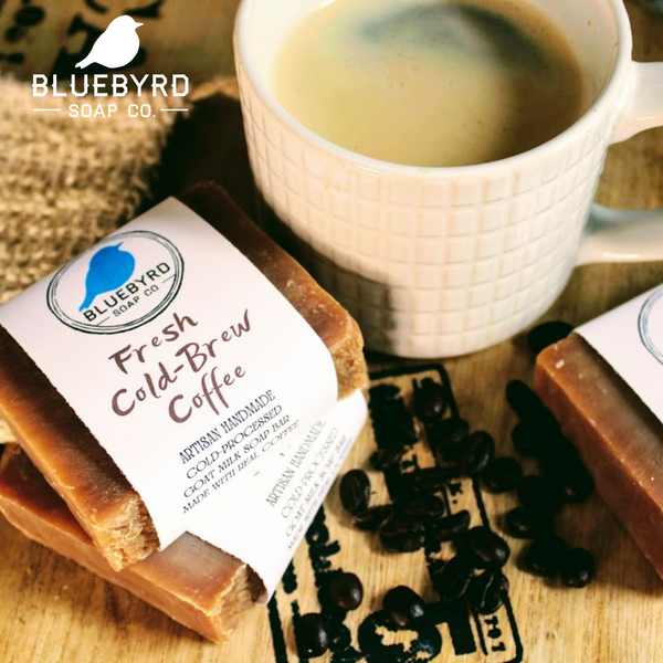 bluebyrd soap company, best handmade soap company, coffee soap, coffee scented goats milk soap bars, best goats milk soap