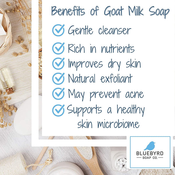 Artisan Handmade Natural Goat Milk Soap Bars are gentle cleansers, rich in nutrients, improve dry skin, natrual exfoliant, may prevent acne, support a healthy skin microbiome