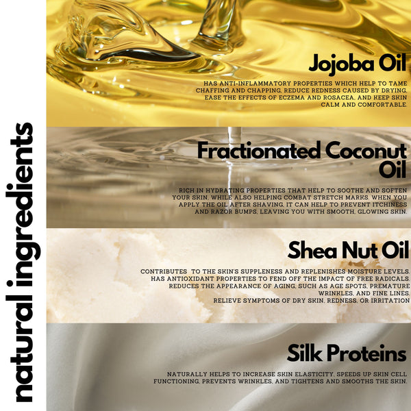 all natural lightweight mulit use body oil with jojoba oil, coconut oil, shea oil, and silk proteins