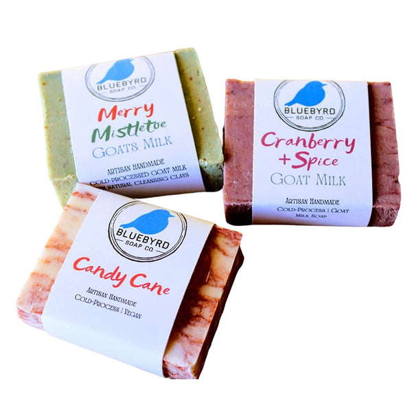 CHRISTMAS HOLIDAY SCENTED BAR SOAP 3 PACK: Our Trio of Winter scented soap bars will remind you of the crisp holiday season every time you wash with it. You will receive a scrumptious mix of 3 seasonal-scented soap bars: (1) Twisted Peppermint Candy Cane, (1) Cranberry and Spice Goat Milk Soap Bar scented of tart cranberries and spice, and (1) Merry Mistletoe Goat Milk soap bar scented of winter spices and cedarwood