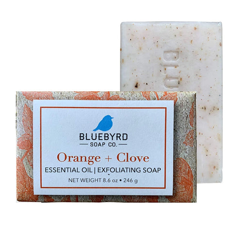 BLUEBYRD Soap Co. Orange & Clove Exfoliating Soap Bar, 100% Vegan Cold Press Large Soap Bars, Scented with Premium Essential Oils, Scrub Soap Bars for Men and Women, Exfoliate Body Naturally with Oatmeal, Shea Butter, Olive Oil, 8.6oz ORANGE & CLOVE