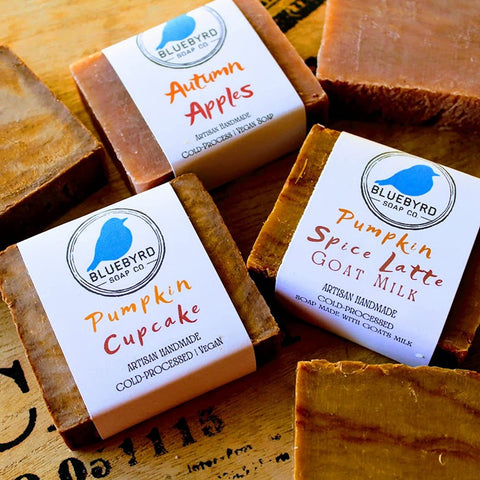 BLUEBYRD Soap Co. Assorted Set of Fall Harvest Bar Soap in Holiday Scents (3-Pack), Seasonal Soap Bars Set of 3 Scents - Autumn Scented Hand Soap Bars in Pumpkin Spice Latte, Pumpkin Cupcake, and Autumn Apples with Clove & Cinnamon Spices Holiday Scented Body Wash Bars- Pumpkin Seasonal Scented Bar Soap with Apple 