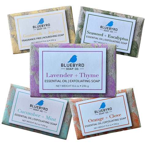 BLUEBYRD Soap Co. 5-Pack Boxed Variety Set Exfoliating Essential Oil Soap Bars