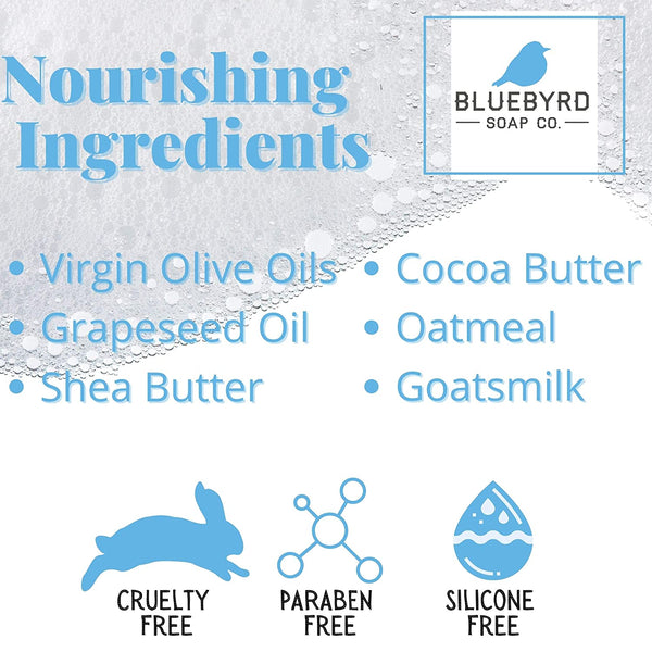 NOURISHING INGREDIENTS: We use Shea Butter, Cocoa Butter, Virgin Olive Oils, Grapeseed Oil, Oatmeal, and Goat Milk. Our bar soaps produce a rich lather that won't dry out your skin, face, or body!